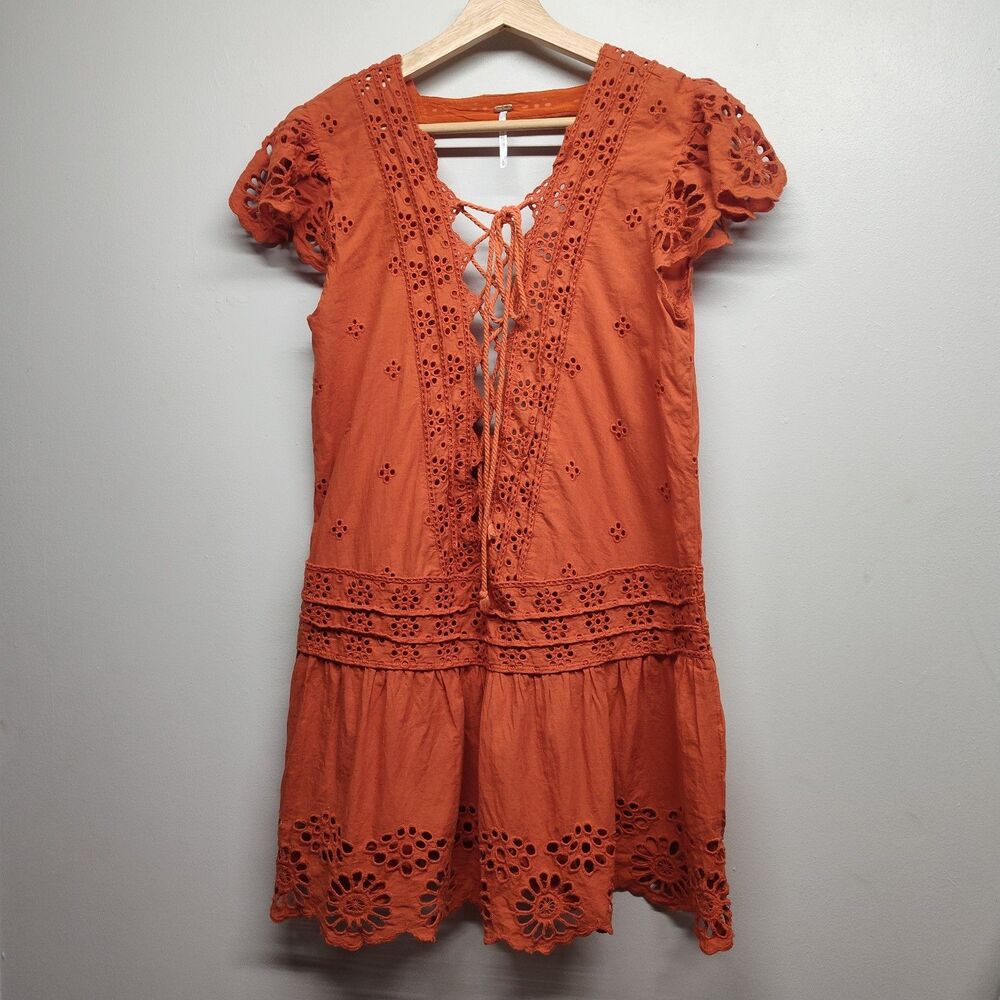 Free People Esperanza Eyelet Mini Dress Women S Orange Rustic Bohemian Festival